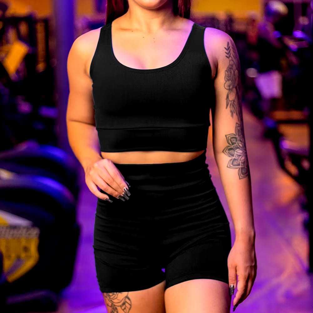 Conjunto Fitness de Poliamida Suplex Feminino Academia Top Nadador Short Cós Alto Zero Transparência
