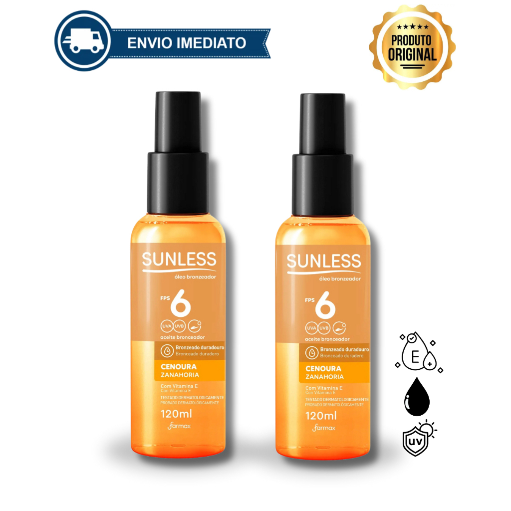Óleo Bronzeador de Cenoura com Vitamina E FPS 6 Sunless Proteção e Bronzeado 120ml Envio Imediato