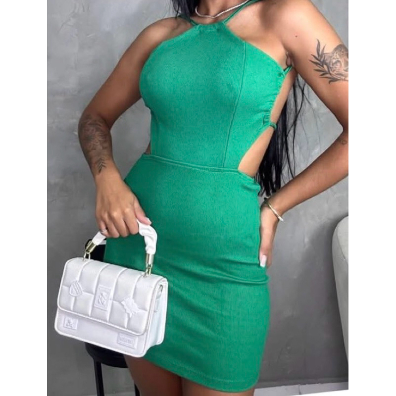 Vestido Canelado Curto Tubinho Frente única Blogueira Várias Cores Costas Nua