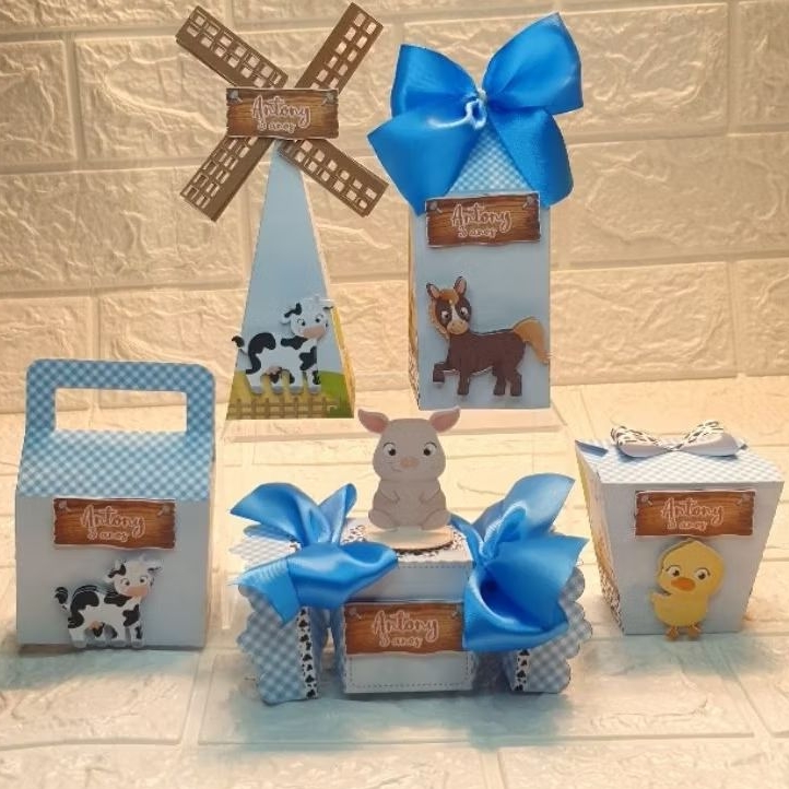 kit festa infantil pegue e monte Fazendinha Azul - lembrancinhas de aniversário,caixinhas - papelaria personalizada.