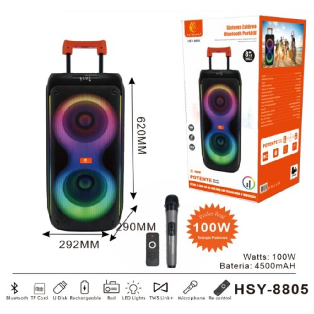 Caixa de som Bluetooth Portatil Karaoke Profissional Microfones Sem Fio com Luzes de Disco Subwoofers Controle Remoto