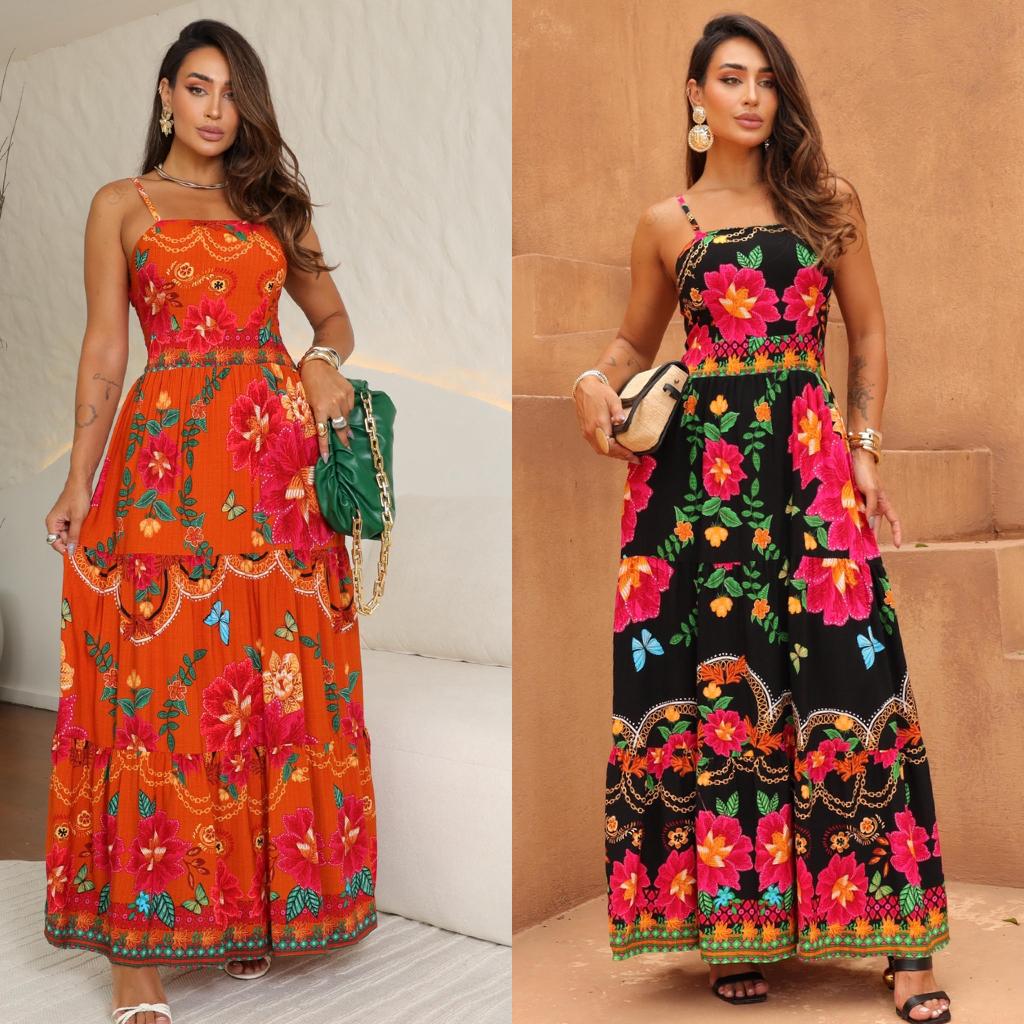 Vestido Longo de Alça Regulável com Bojo Estampado Floral Farm no Viscolinho