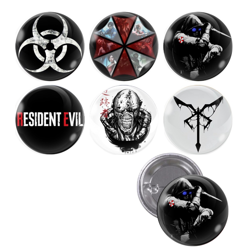 Cartela De Buttons Pins Broche Resident Evil Zombie Com 6 Unidades Jogo / Gamer / Umbrella / Geek