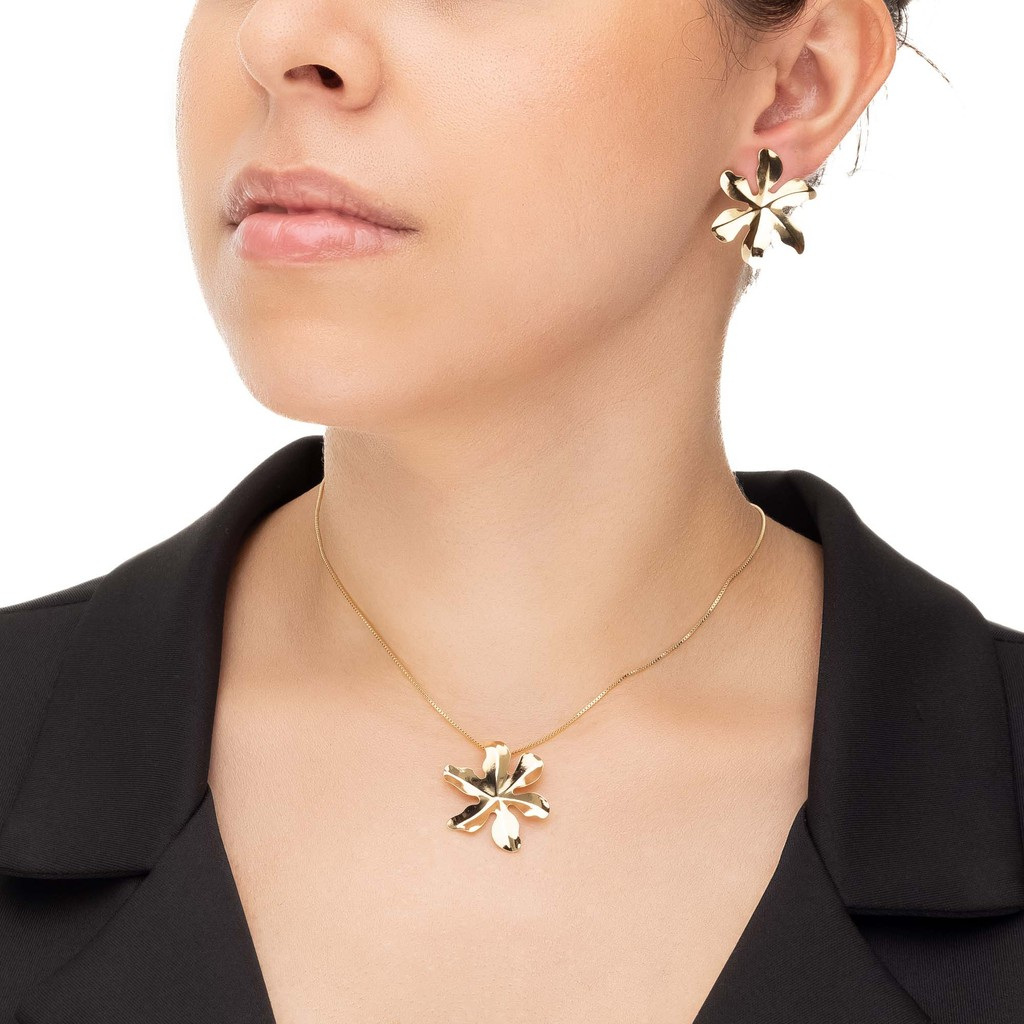 Brinco e Colar Flor Lisa, Dourado, Semijoia, Ouro 18K