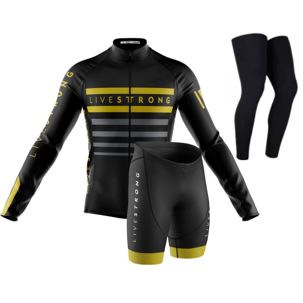 Conjunto Ciclismo Livestrong Camisa Manga Longa Bermuda Forro Gel Pernito Proteção Uv Bike Mtb