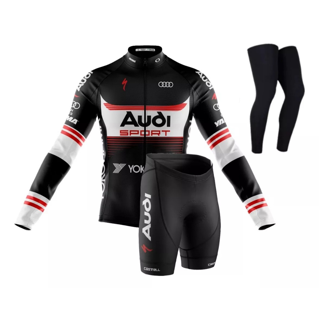 Conjunto Ciclismo Camisa Audi Manga Longa Bermuda Forro Gel 3D Pernito Proteção Uv Decole