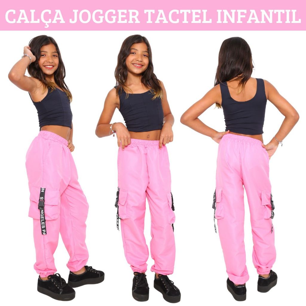 Calça Feminina Infantil  Jogger Tactel Para Meninas Estilosas Calça Cargo 4 Bolsos 4 Cor Moda Preto Rosa Vermelho Top