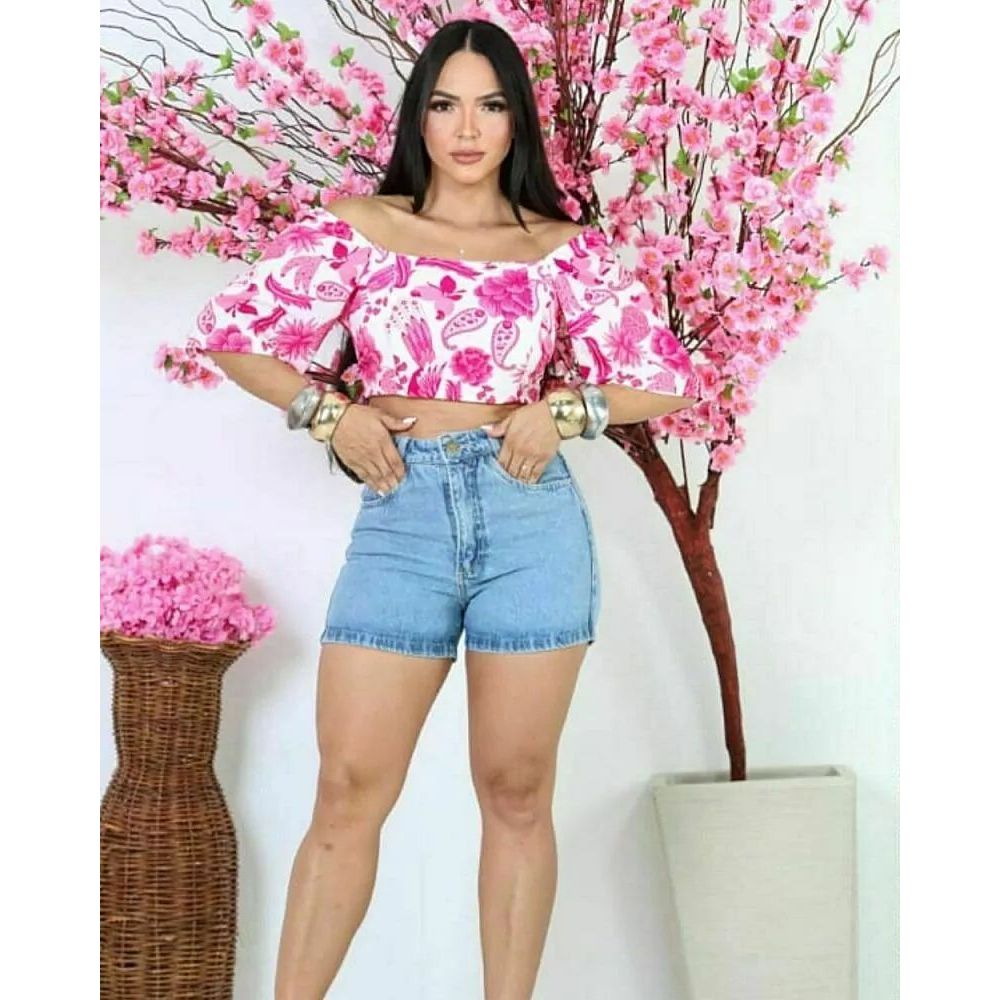 Cropped Elastico estampado moda  tecido floral de manga curta para trompete elástico no peito