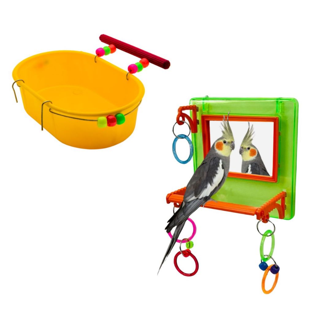 Brinquedos Para Calopsitas Agapornis Periquitos Banheira Decorada e Espelho Multiplay em Oferta na Shopee