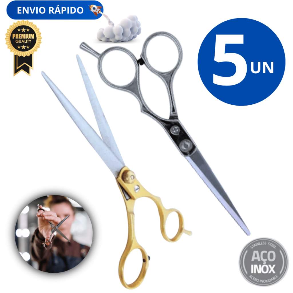 KIT 05 Unidades Tesoura Profissional Cabeleireiro Barbeiro Aço Inox Variáveis Utilidades