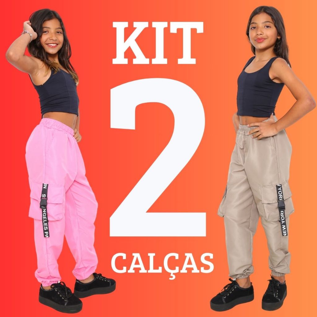 KIT 2 Calça Feminina Jogger Infantil Para Meninas Estilosas Calça Jogger Cargo 4 Bolsos 4 Cores Tecido Tactel Moda t