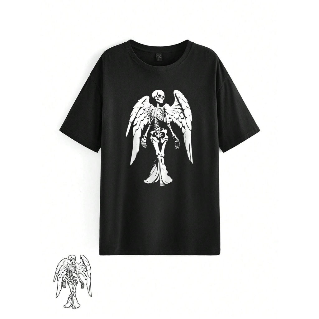 Camiseta preta caveira oversized emo techwear anjo unissex gótica punk y2k streetwear alternativa grunge rock aesthetic