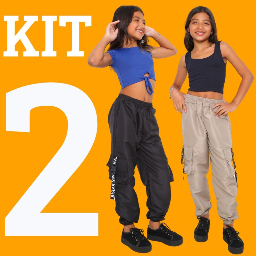 KIT 2 Calça Infantil Jogger Feminina 10 12 14 Para Meninas Estilosas Calça Jogger Cargo 4 Bolsos 4 Cores Tactel Moda t