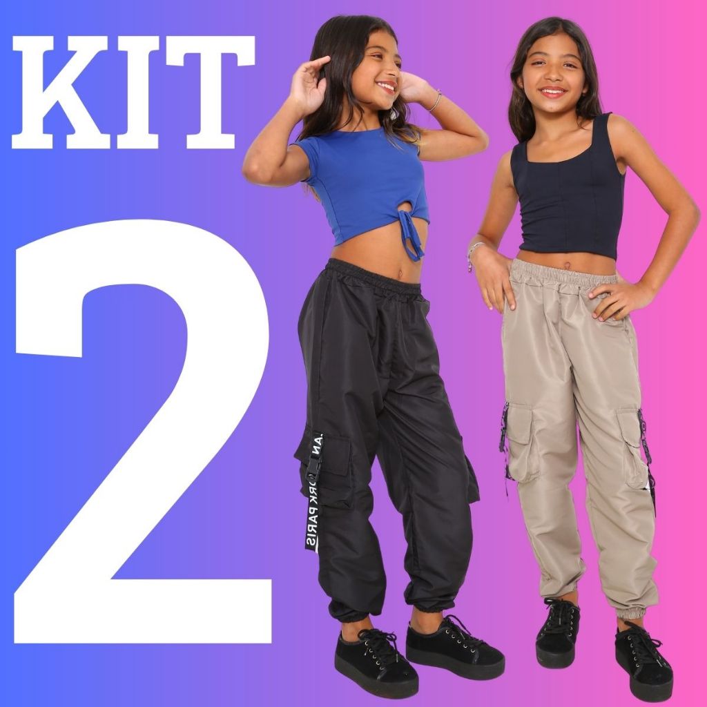 PROMOÇAO KIT 2 Calça Jogger Feminina Infantil Para Meninas Estilosas Calça Jogger Cargo 4 Bolso Tecido Tactel Moda t