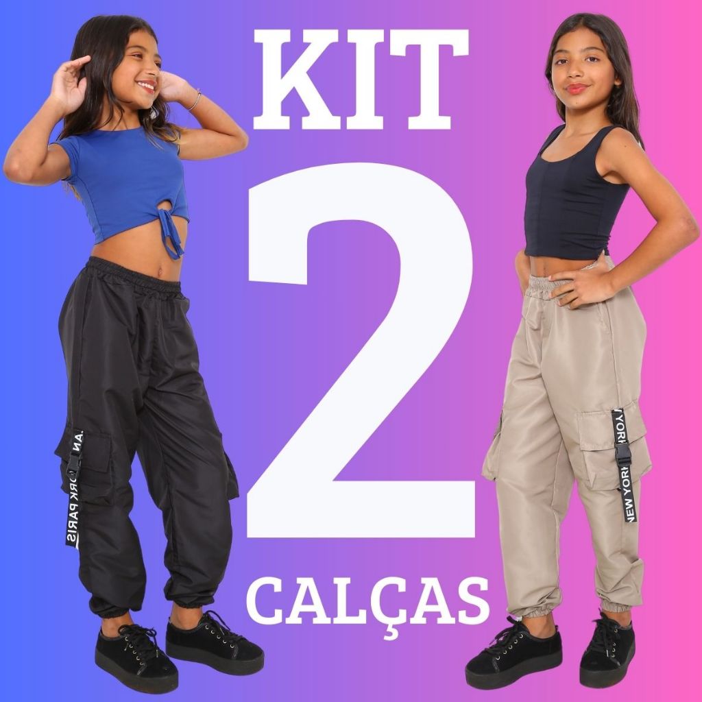 PROMOÇAO KIT 2 Calça Jogger Feminina Infantil Para Meninas Estilosas Calça Jogger Cargo 4 Bolso Tecido Tactel Moda