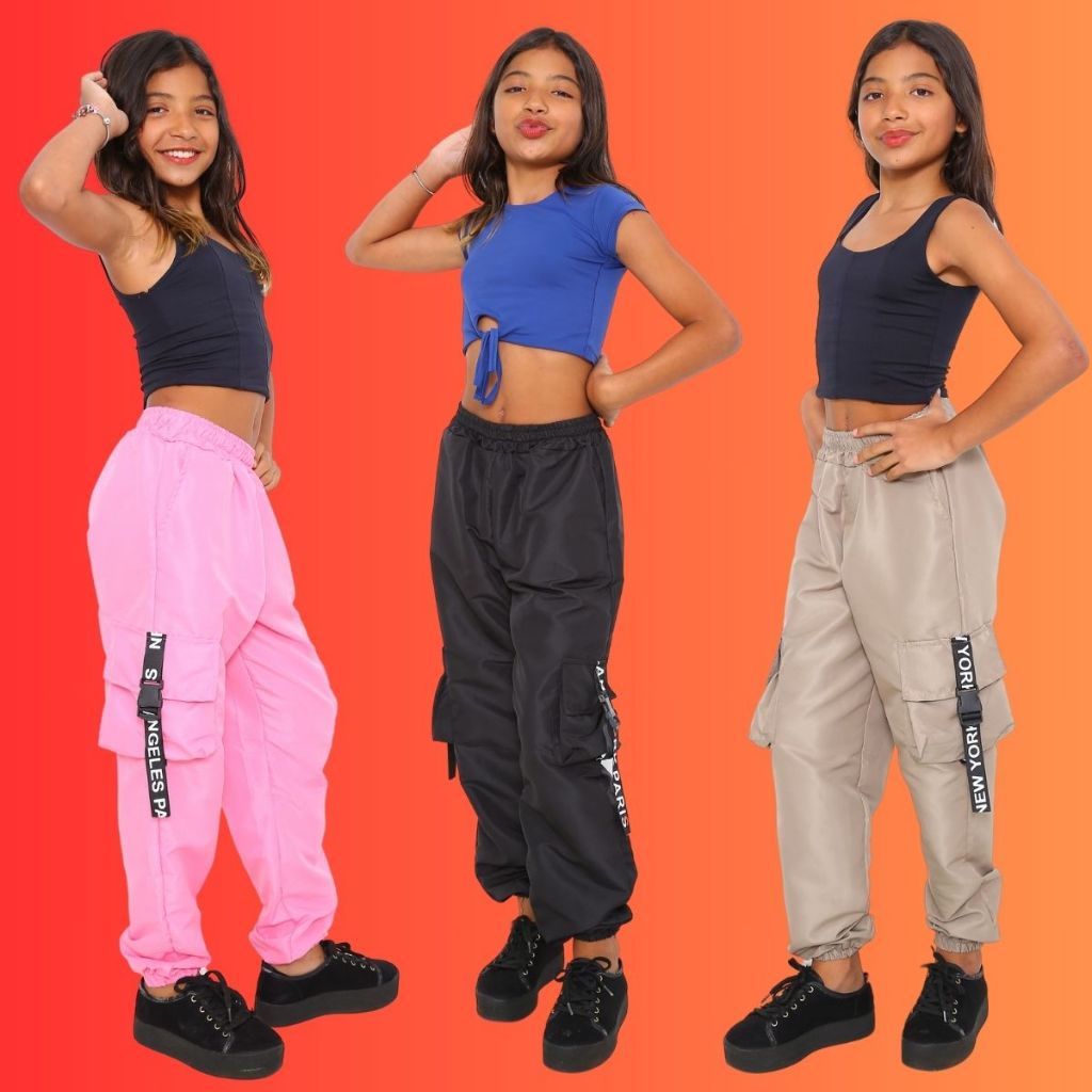 PROMOÇAO KIT 3 Calça Para Meninas Estilosas Calça Feminina Infantil Jogger Cargo 4 Bolso Tecido Tactel Moda Crianças t