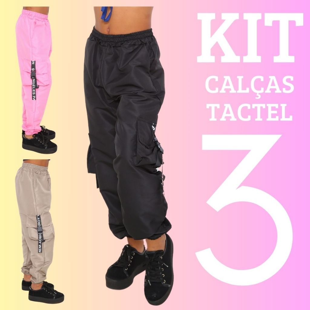 PROMOÇAO KIT 3 Calça Jogger Feminina Infantil Para Meninas Estilosas Calça Cargo 4 Bolso Tecido Tactel Moda Crianças t