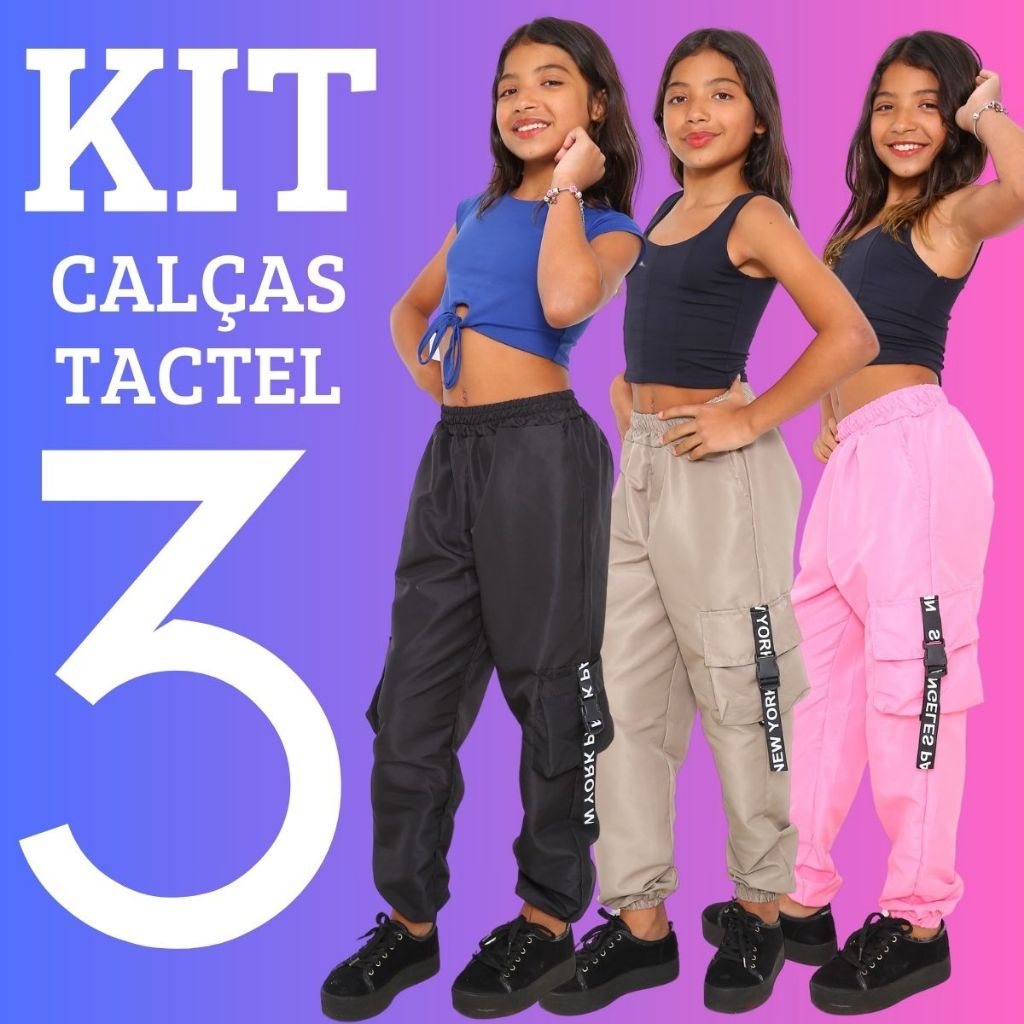 PROMOÇAO KIT 3 Calça Infantil Feminina Para Meninas Estilosas Calça Jogger Cargo 4 Bolso Tecido Tactel Moda Crianças em Oferta na Shopee