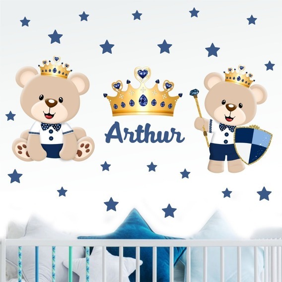 Adesivo de Parede Urso Principe, Rei e Coroa + Nome (Papel de Parede Urso)