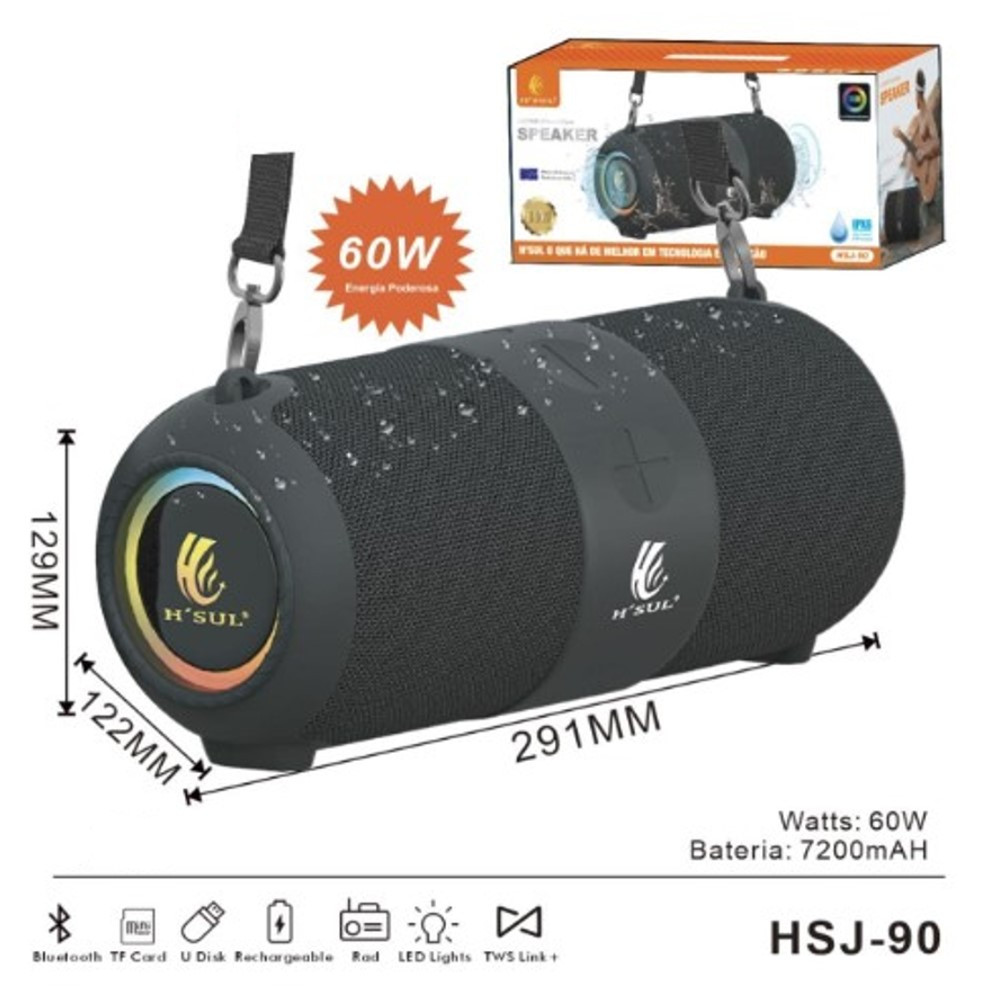 Caixa De Som Bluetooth Canhão Com Alça Aprova d'Água USB P2 SD TWS Hi-Fi MP3 60W RMS