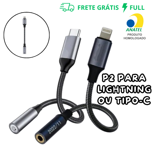 CABO ADAPTADOR DE ÁUDIO LIGHTNING OU TIPO-C P/ P2 3.5MM REVESTIDO EM NYLON TRANÇADO  P/ ANDROID/IOS