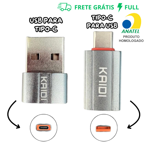 ADAPTADOR TIPO-C PARA USB OU USB PARA TIPO-C TRANSMISSÃO RÁPIDA KAIDI KD-339 E KD-338
