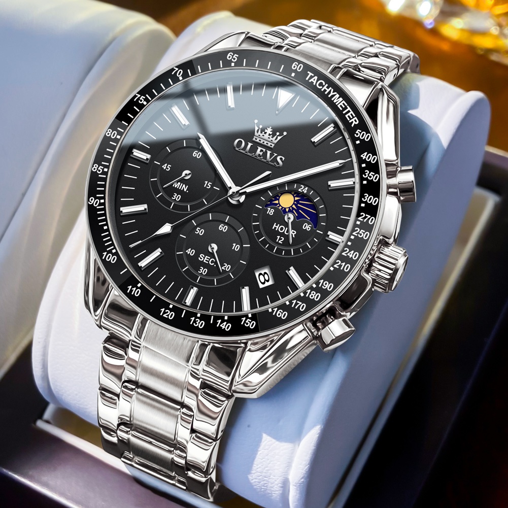 OLEVS relógio masculino relogio à prova d'agua multifuncional luxo de ouro preto & azul 3618 em Oferta na Shopee