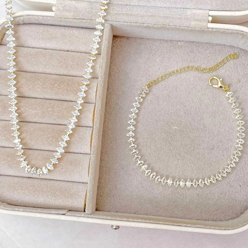 conjunto de pulseira e colar Riviera Navete folheado a ouro 18k em Oferta na Shopee