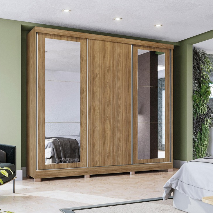 Guarda-Roupa Casal 100% MDF Kappesberg c/Pés e 6 Espelhos 3 Portas de Correr 8 Gavetas Nogueira - Home & Living