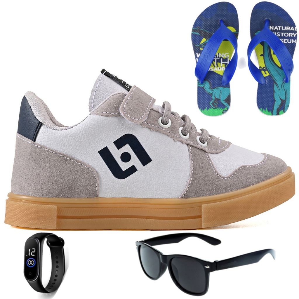 Tenis Infantil Casual Sapatenis Meninos Street Calce Facil + Chinelo + Oculos + Relogio