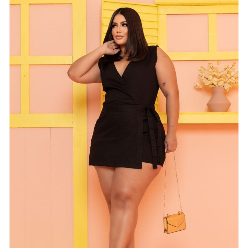 Macaquinho kimono plus size decotado short saia em Oferta na Shopee
