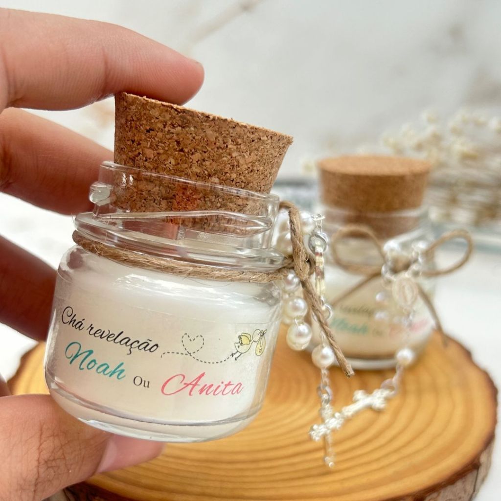 kit 10 lembrancinhas velas perfumadas - tampa de rolha + mini terço