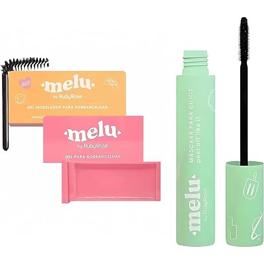 Kit de Maquiagem Ruby Rose Máscara de Cílios Rímel Melu, Gel Modelador para Sobrancelhas Melu