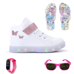 Tenis Infantil De Led Meninas Botinha Borboleta + Chinelo + Oculos + Relogio