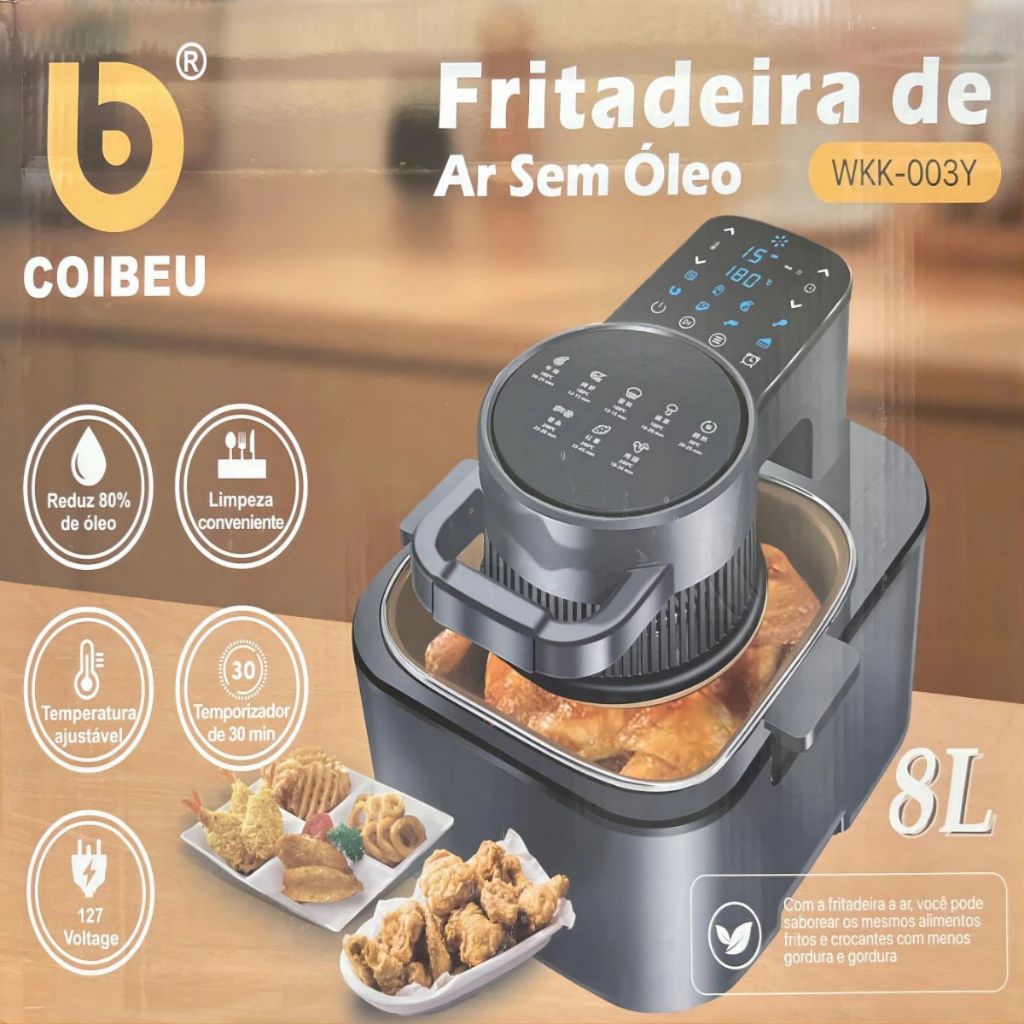 COIBEU Air Fryer Fritadeira Elétrica 8L 127V 220V Com Grelha E Cesto Removível Digital Tou...