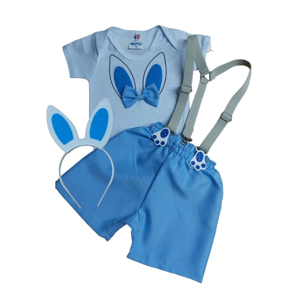 Fantasia Bebê Menino Coelhinho Conjunto Coelho C/ Orelhinhas Roupa Mesversário Páscoa Infantil
