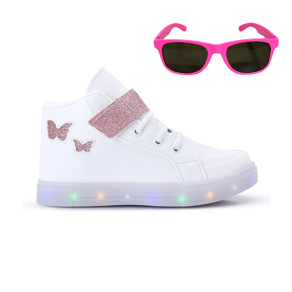 Tenis Infantil De Led Meninas Botinha Borboleta + Oculos