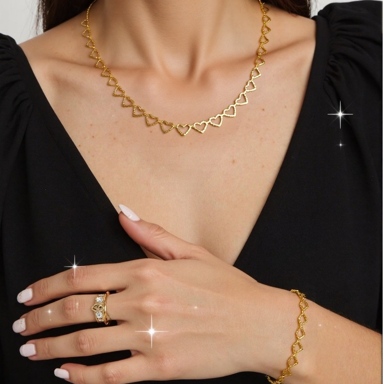 kit colar + pulseira coracao folheado a ouro 18k e prata 925