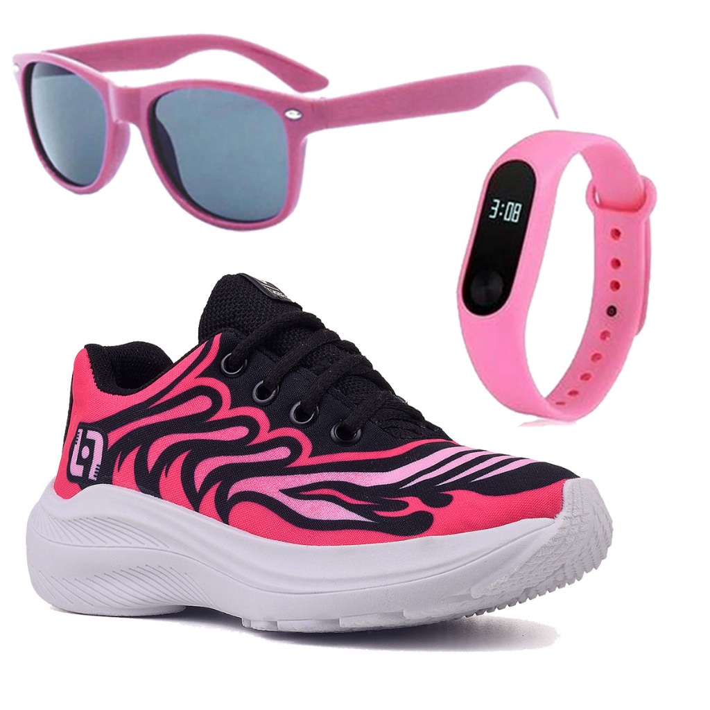 Kit Tênis Infantil Casual Meninas Escolar Basico Confortavel + Oculos e Relogio