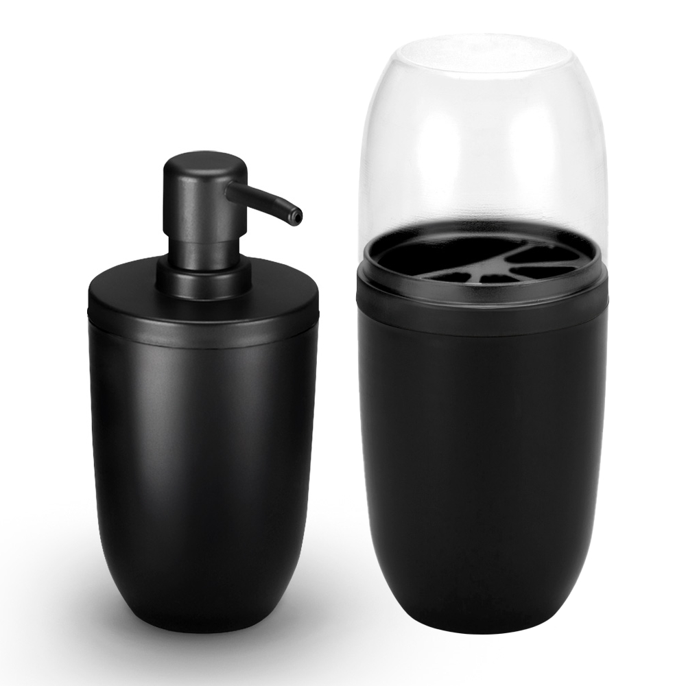 Kit Porta Escovas e Pasta de Dente + Dispenser Sabonete Líquido Banheiro Lavabo Preto Fosco - Home & Living