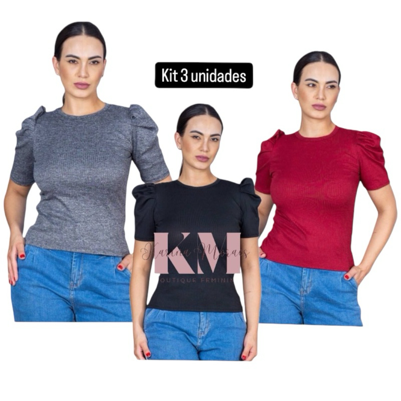 Kit 3 Blusas Feminina Manga Curta Bufante Princesa Malha Canelada Moda Blogueira Roupa Feminina