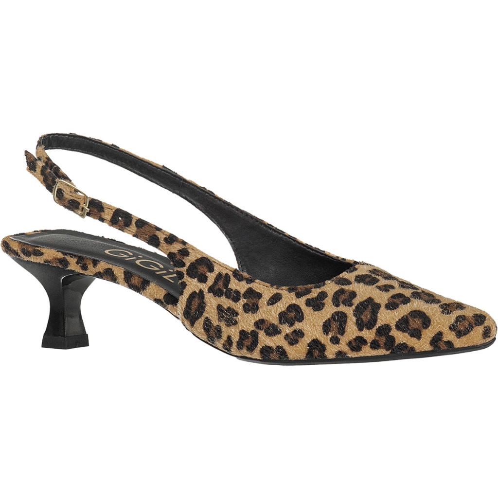 Sapato GiGiL Feminino Scarpin Slingback Bico Fino Salto Fino Verniz Onça Clássico Elegante