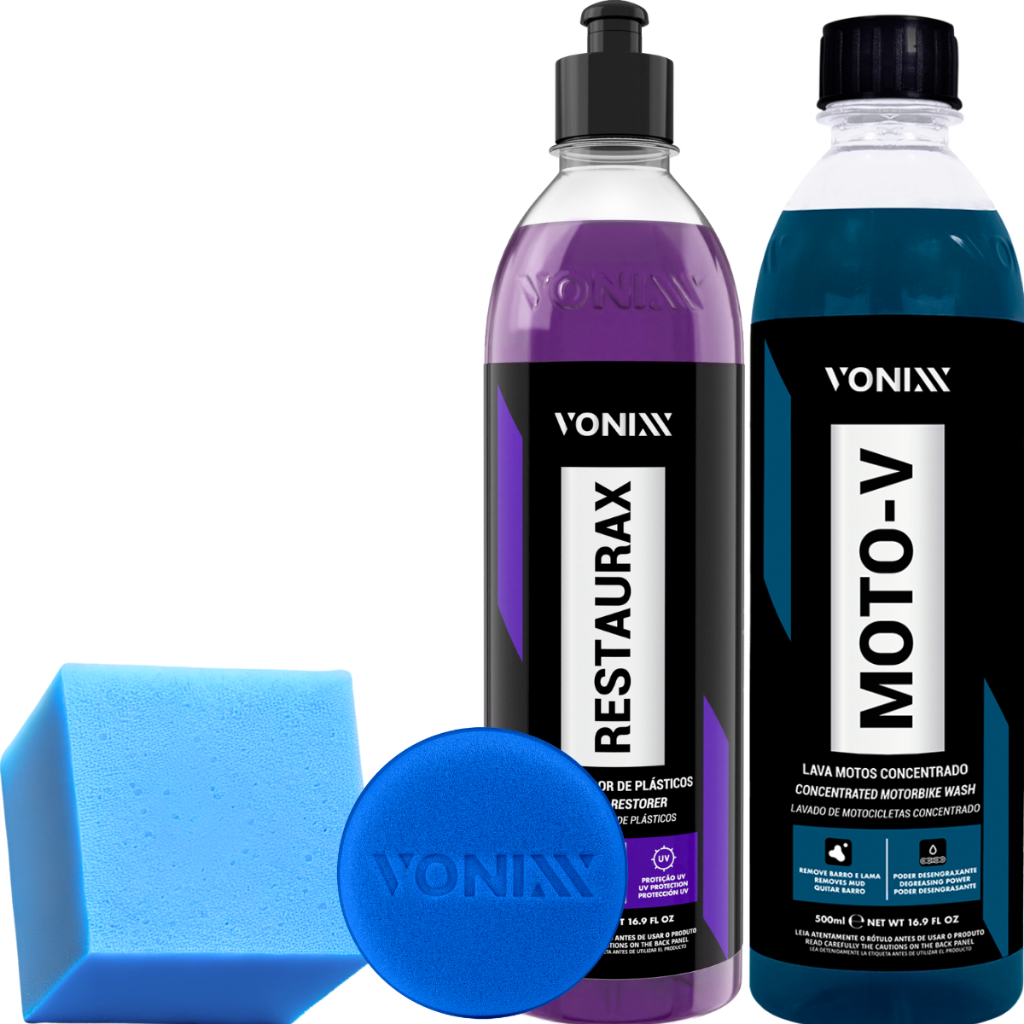 Restaurax Revitalizador de Plásticos + Moto-V Shampoo Desengraxante + Aplicador Vonixx em Oferta na Shopee