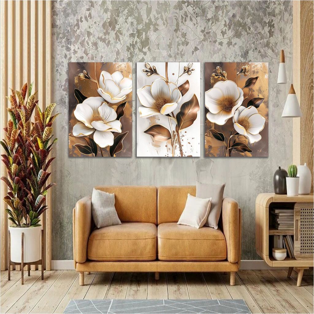 Quadros Decorativos para Sala 3 peças Flores Brancas Marron Quadro Para Sala Escritório Quarto em Oferta na Shopee