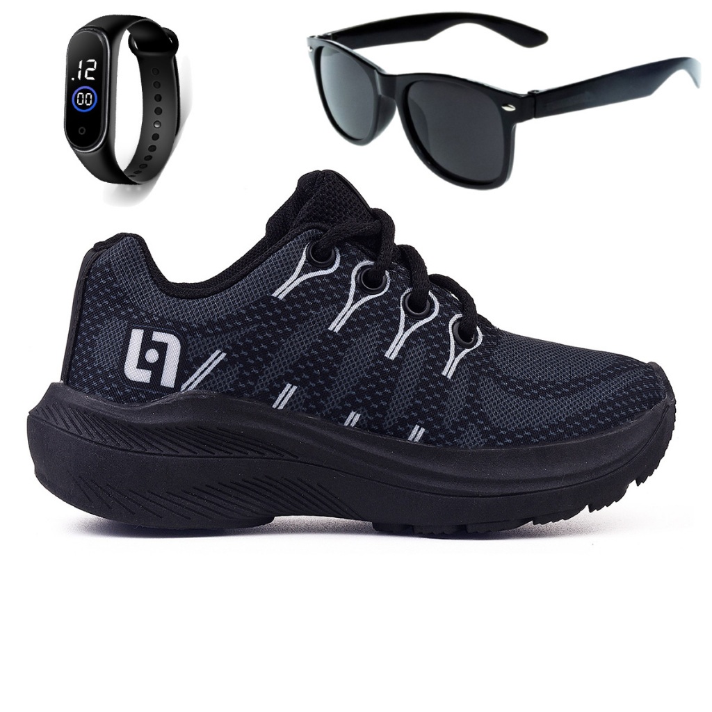 Tenis Infantil Meninos Casual Escolar Preto Preto + Óculos e Relógio