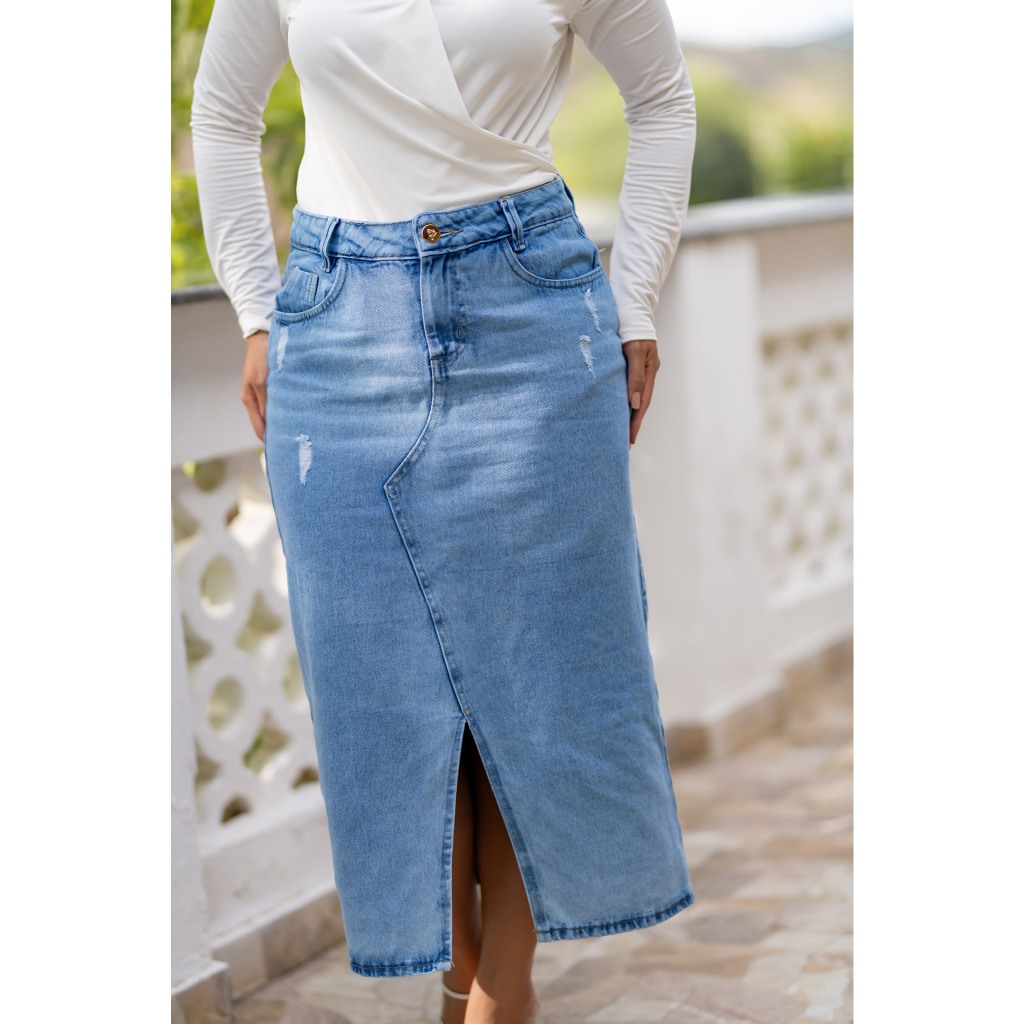 Saia Jeans Midi Longa Com Fita Glitter Dourado Moda Evangélica Fenda Frontal Chique Casual REF 1228 — imagem 2 de 2