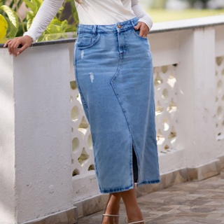 Saia Jeans Midi Longa Com Fita Glitter Dourado Moda Evangélica Fenda Frontal Chique Casual REF 1228 em Oferta na Shopee