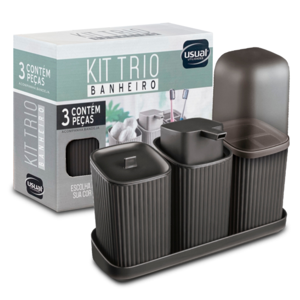 Kit Higiene 4 Peças Banheiro Sabonete Líquido Porta Algodão Porta Escova Com Bandeja Usual