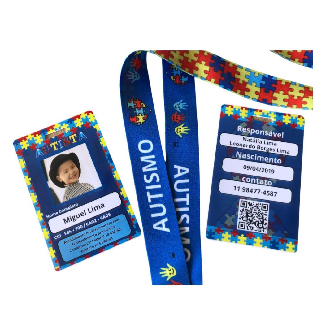 Crachá Autismo, TDAH, autista, SUS c/ cordão personalizado + arte gratuita