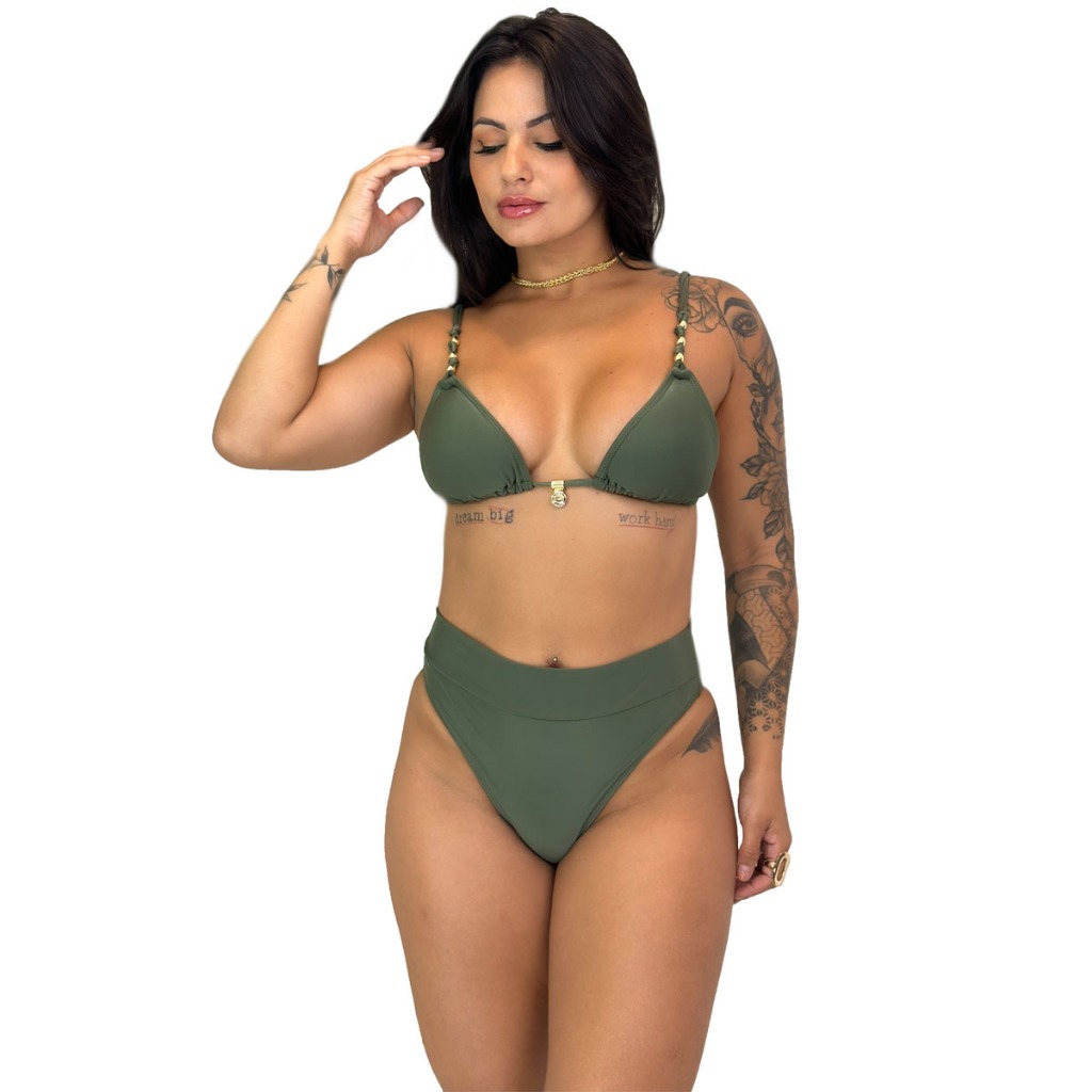 Biquini de alta sustentaçao cós alto hotpant bojo removível acessórios dourados em Oferta na Shopee
